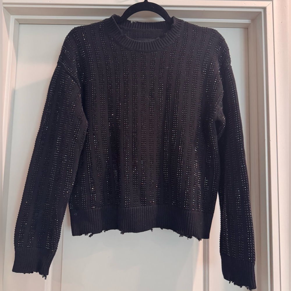 RtA distressed crystal embellished sweater, black, XS
